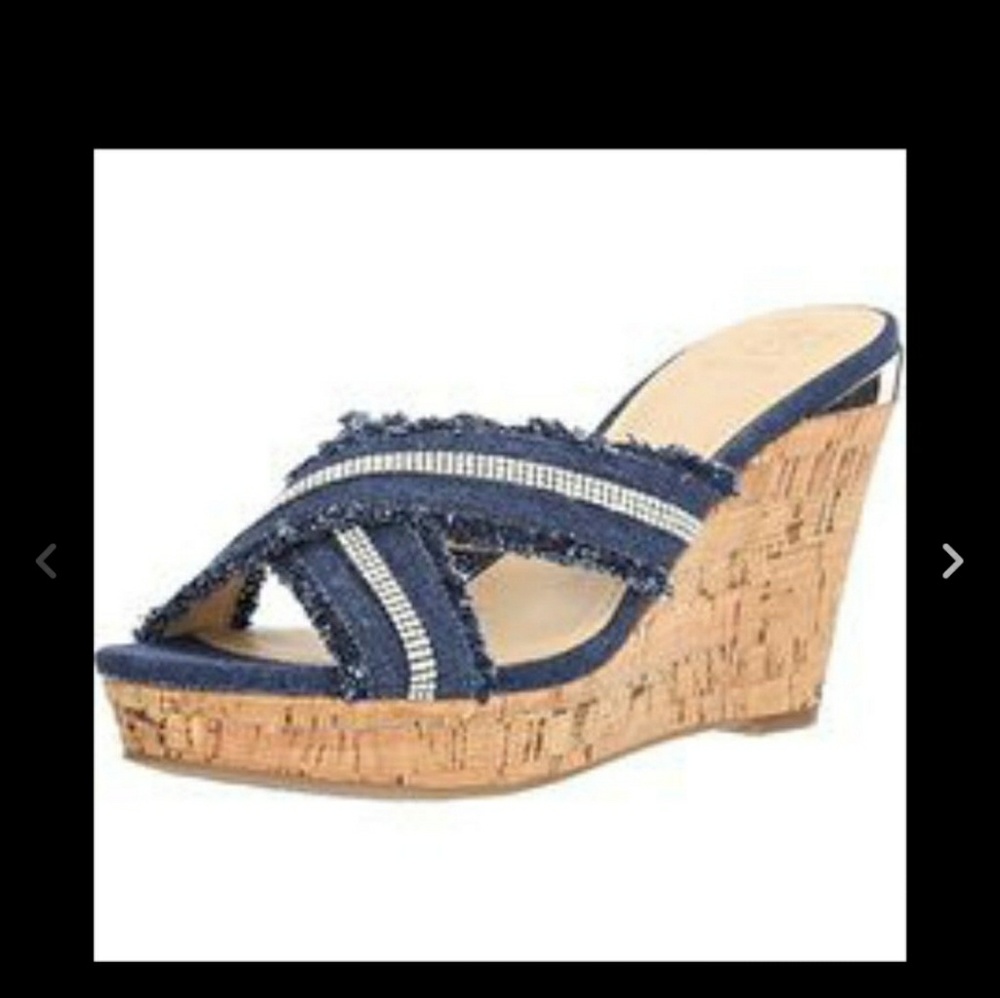 Guess Denim Rhinestone Wedge Heel Sandals